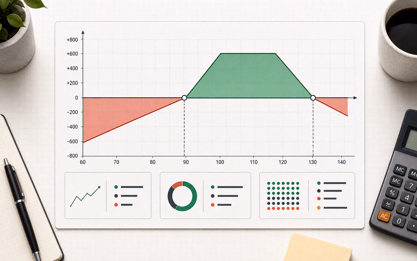 Options profit calculator payoff chart showing profit, loss, and two break-even prices